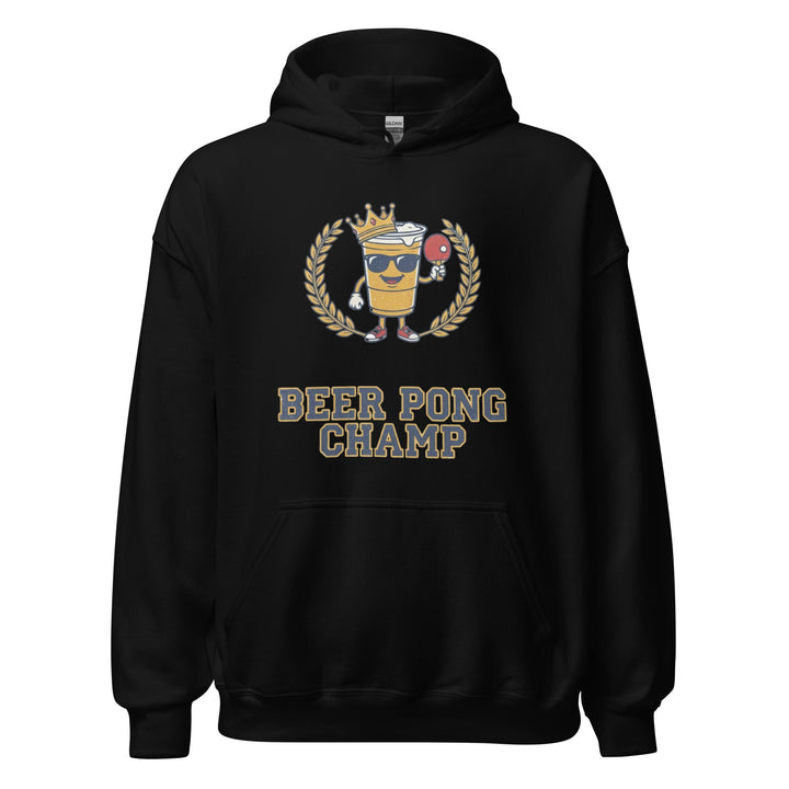 Beer Pong Champ — a Beer Pong Champ design with cups and a ping pong ball, printed on a unisex hoodie.