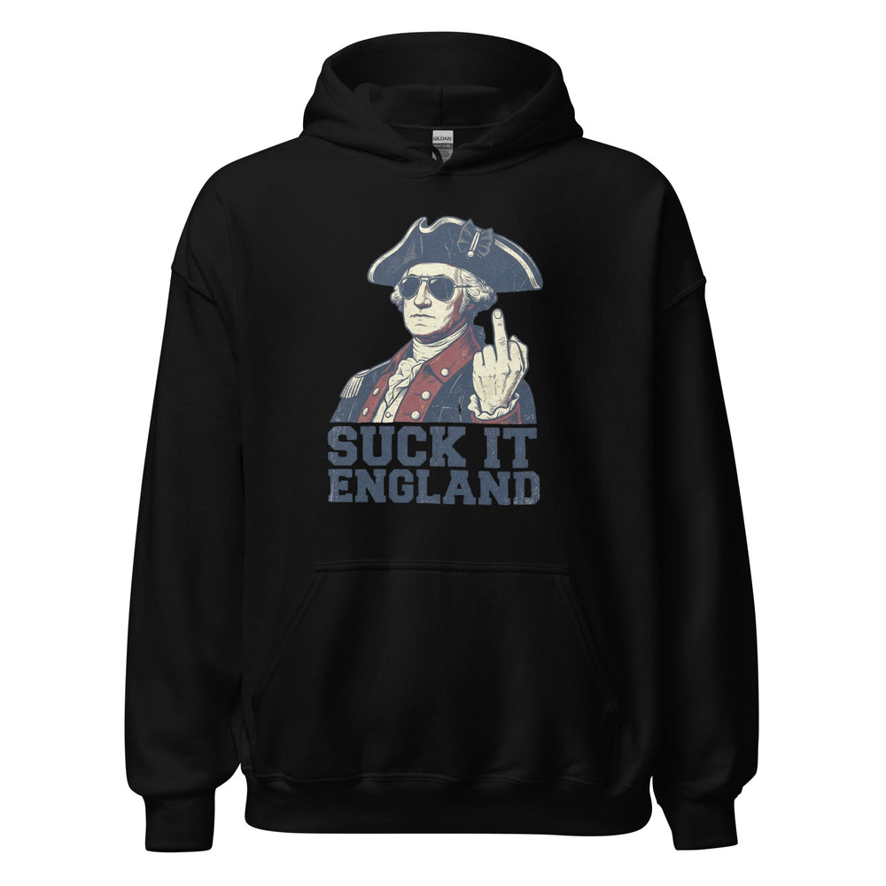 Suck It England — a Suck It England patriotic Independence Day design, printed on a unisex hoodie.