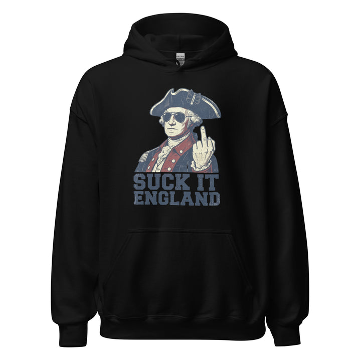 Suck It England — a Suck It England patriotic Independence Day design, printed on a unisex hoodie.