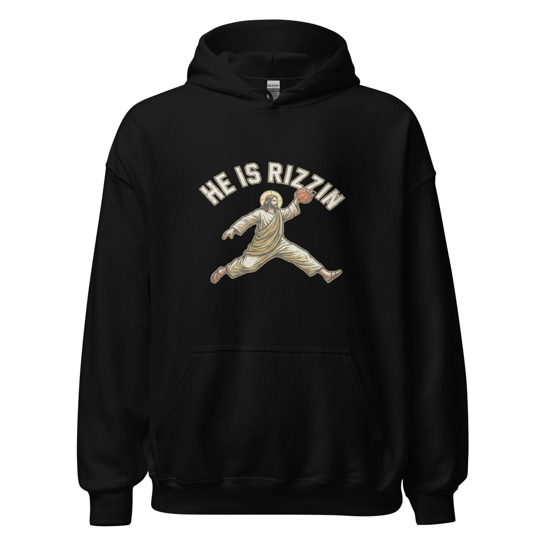 He Is Rizzin — Jesus doing a Jordan-style basketball dunk with a halo, captioned He Is Rizzin, printed on a unisex hoodie.