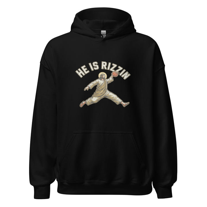 He Is Rizzin — Jesus doing a Jordan-style basketball dunk with a halo, captioned He Is Rizzin, printed on a unisex hoodie.