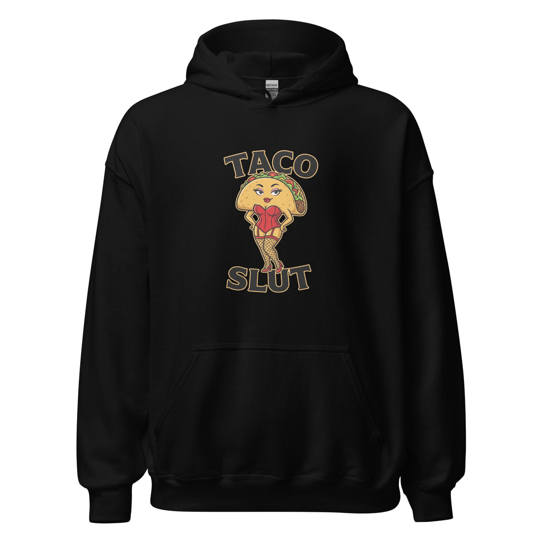 Taco Slut — a taco character with a pin-up body in a red corset and fishnets, captioned Taco Slut, printed on a unisex hoodie.