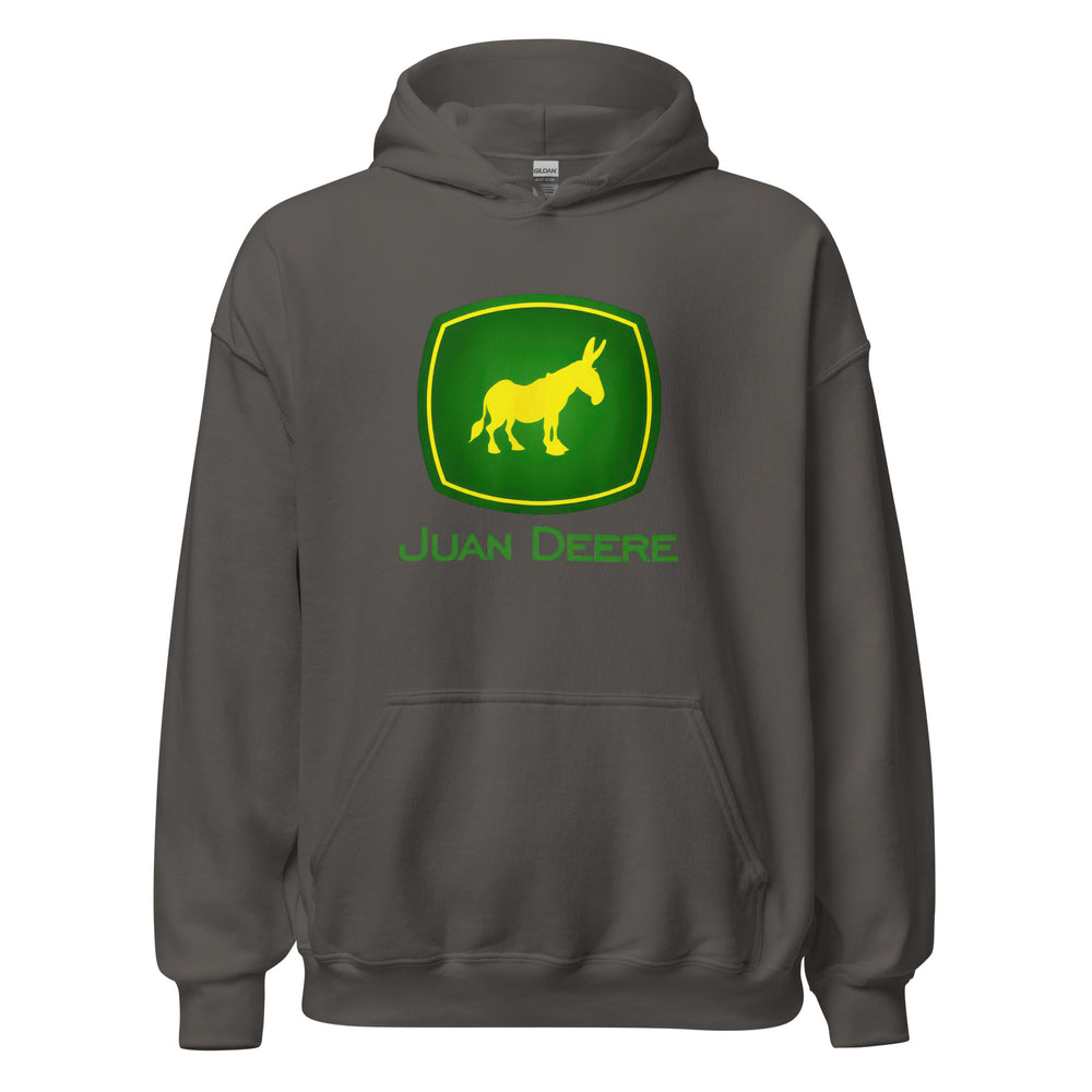 Juan Deere — a John Deere logo parody with a yellow donkey in place of the deer, reading Juan Deere, printed on a unisex hoodie.