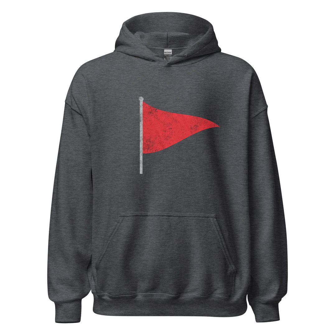 Red Flag — a single distressed red pennant flag on a pole, printed on a unisex hoodie.