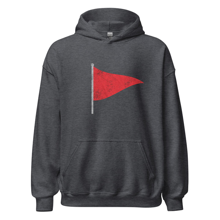 Red Flag — a single distressed red pennant flag on a pole, printed on a unisex hoodie.