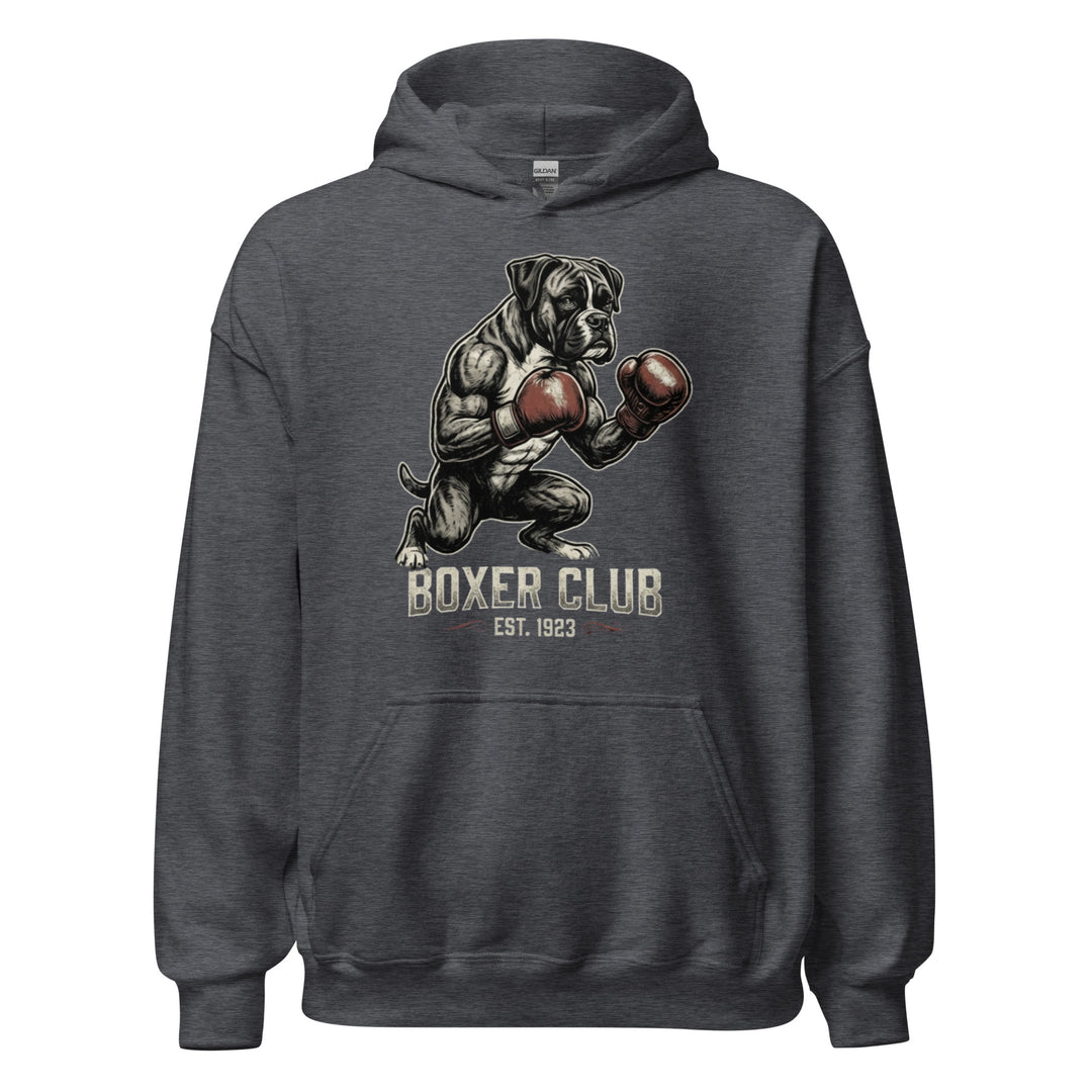 Boxer Club — a muscular boxer dog standing upright with red boxing gloves, reading Boxer Club Est 1923, printed on a unisex hoodie.