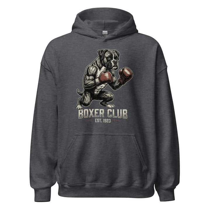 Boxer Club — a muscular boxer dog standing upright with red boxing gloves, reading Boxer Club Est 1923, printed on a unisex hoodie.