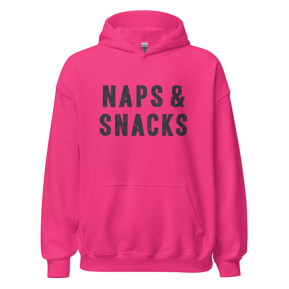 Naps & Snacks — a bold distressed design reading Naps & Snacks, printed on a unisex hoodie.