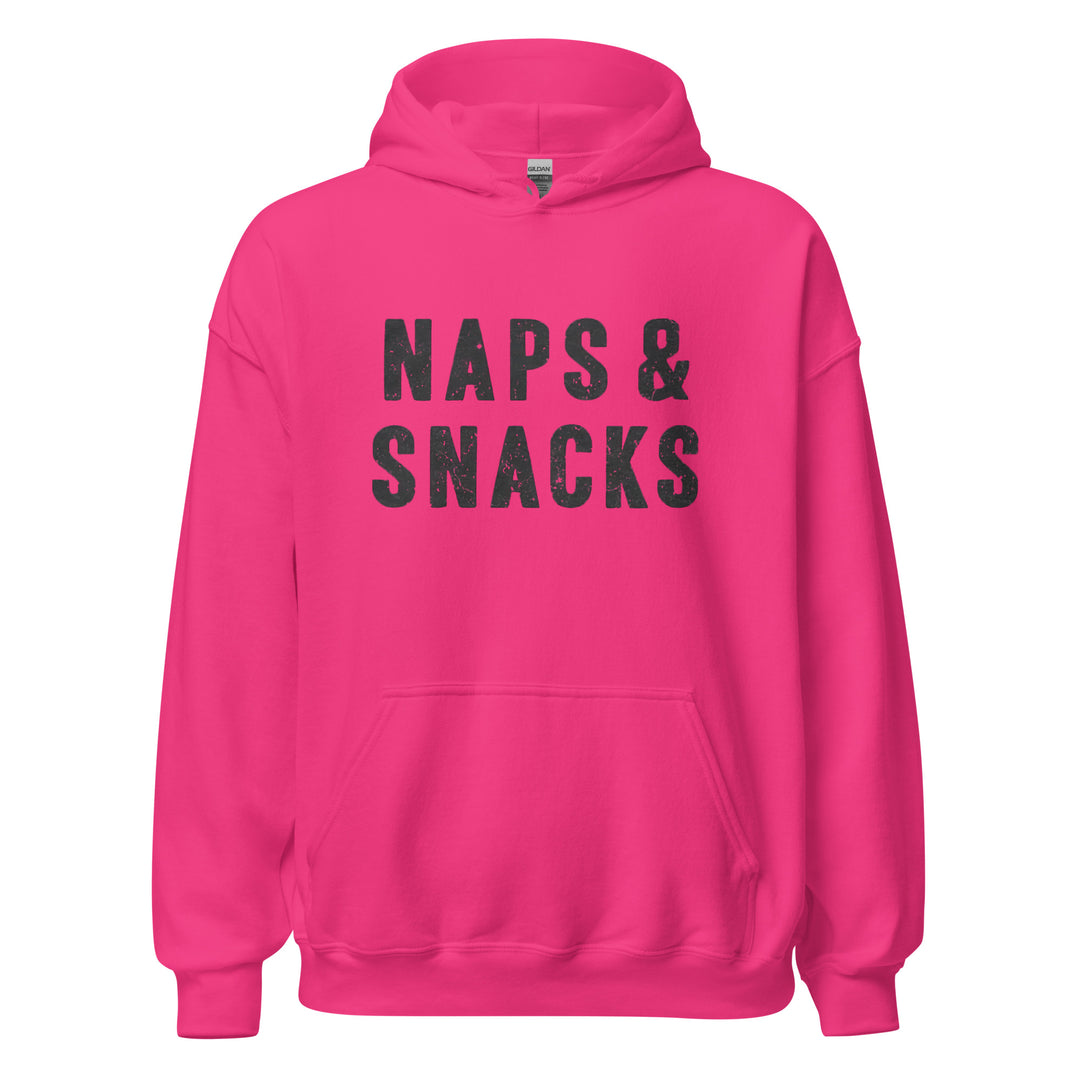 Naps & Snacks — a bold distressed design reading Naps & Snacks, printed on a unisex hoodie.