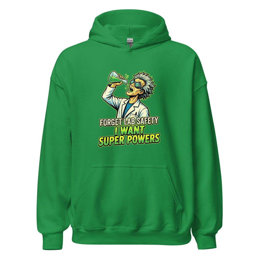 Forget Lab Safety I Want Super Powers funny science graphic tee — mad scientist in goggles drinking glowing green chemical from a flask