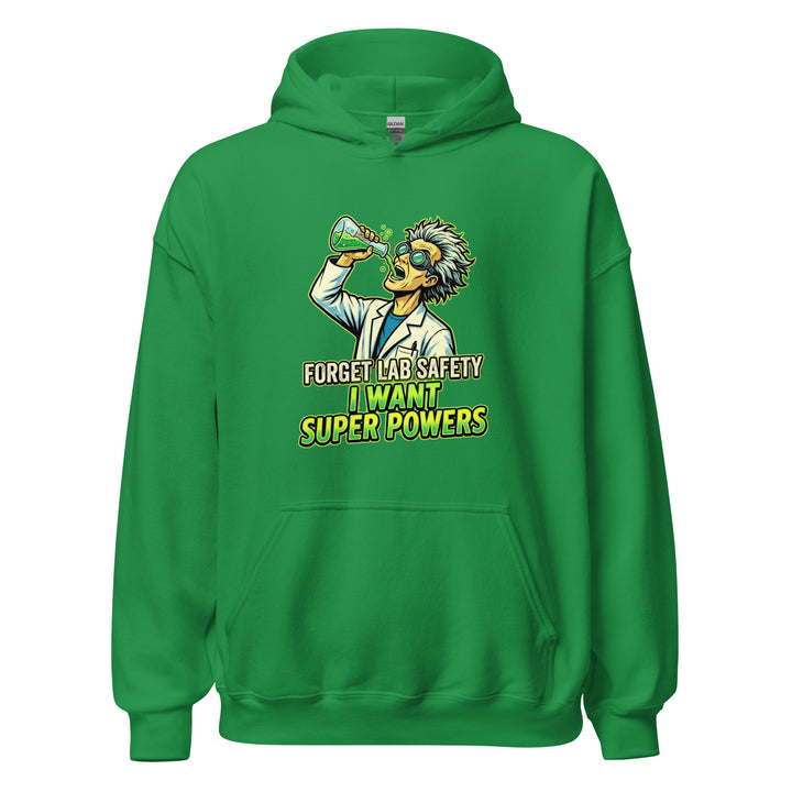 Forget Lab Safety I Want Super Powers funny science graphic tee — mad scientist in goggles drinking glowing green chemical from a flask
