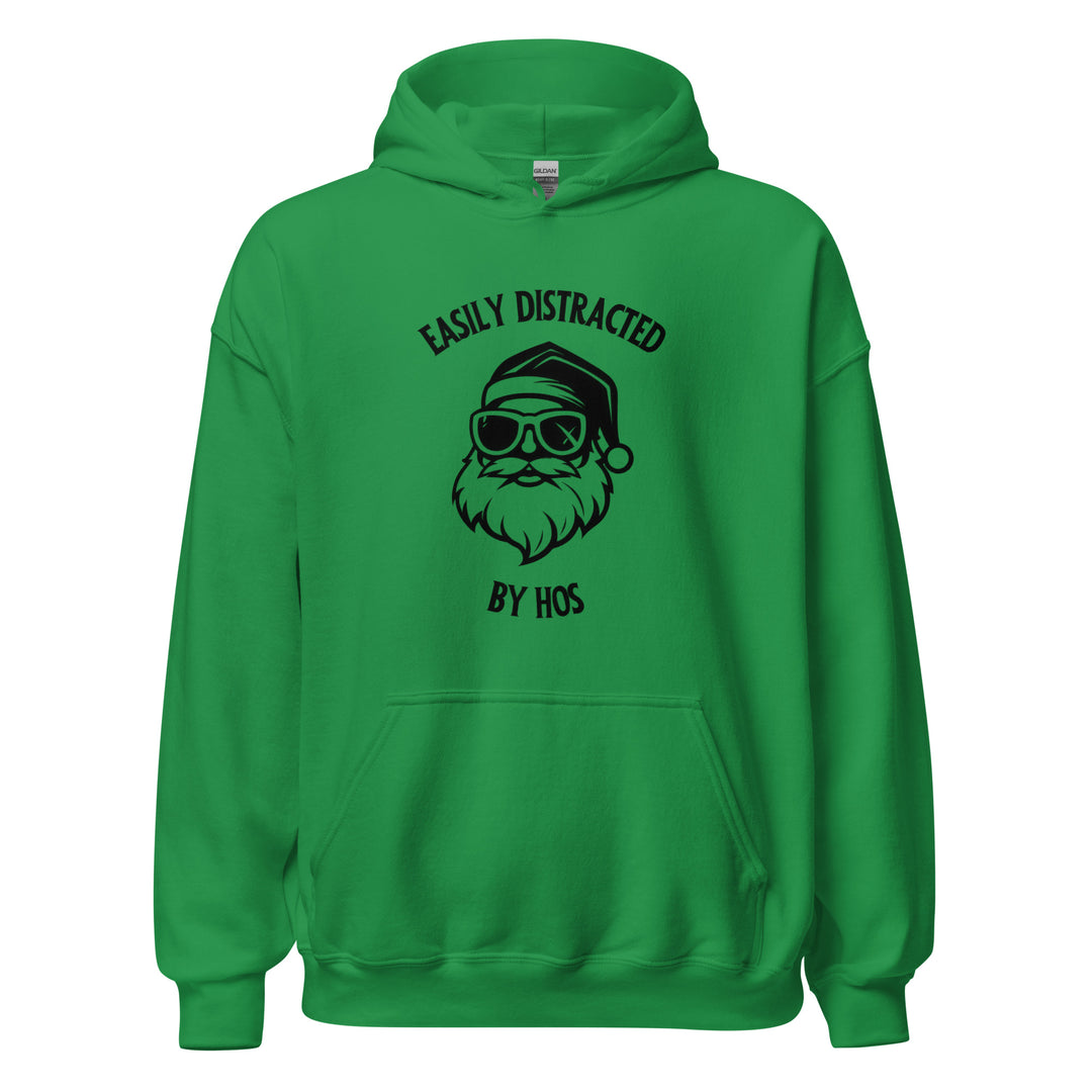 Easily Distracted By Hos — a cool Santa in sunglasses, captioned Easily Distracted By Hos, printed on a unisex hoodie.