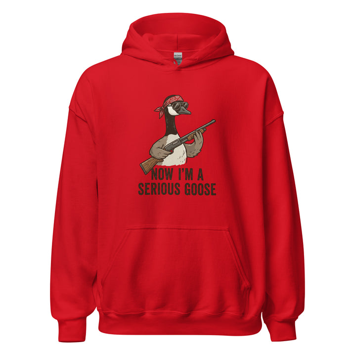 Now I'm A Serious Goose funny meme graphic tee — goose in red bandana and dark sunglasses holding a pump shotgun