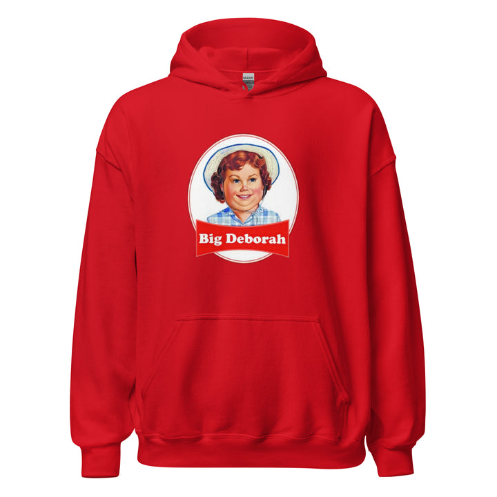 Big Deborah — a Little Debbie style snack-cake logo with a smiling girl in a straw hat, renamed Big Deborah, printed on a unisex hoodie.