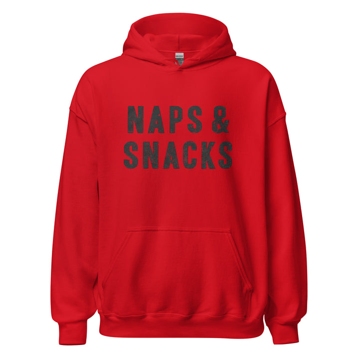 Naps & Snacks — a bold distressed design reading Naps & Snacks, printed on a unisex hoodie.