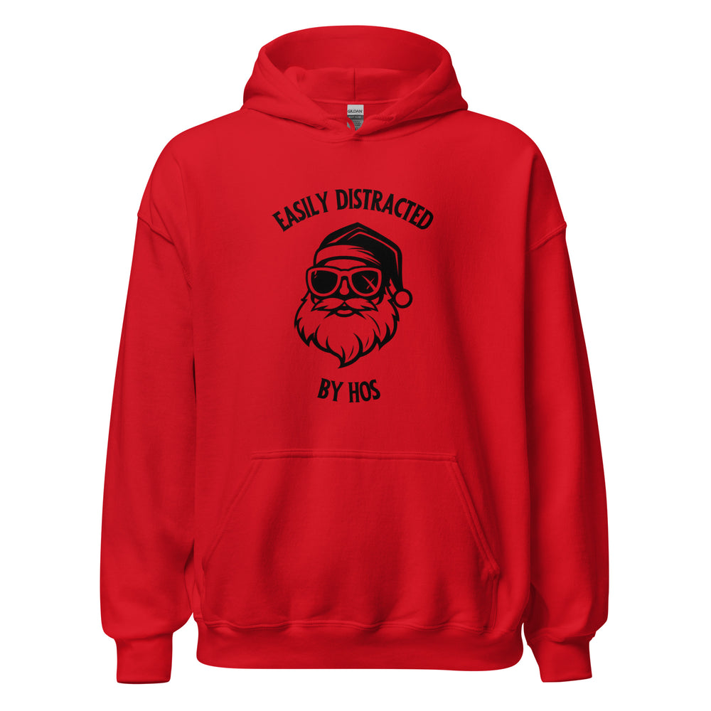 Easily Distracted By Hos — a cool Santa in sunglasses, captioned Easily Distracted By Hos, printed on a unisex hoodie.