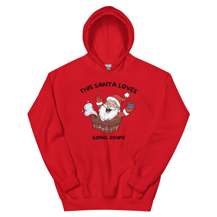 This Santa Loves Going Down — a cheerful Santa popping out of a chimney holding a gift, captioned This Santa Loves Going Down, printed on a unisex hoodie.