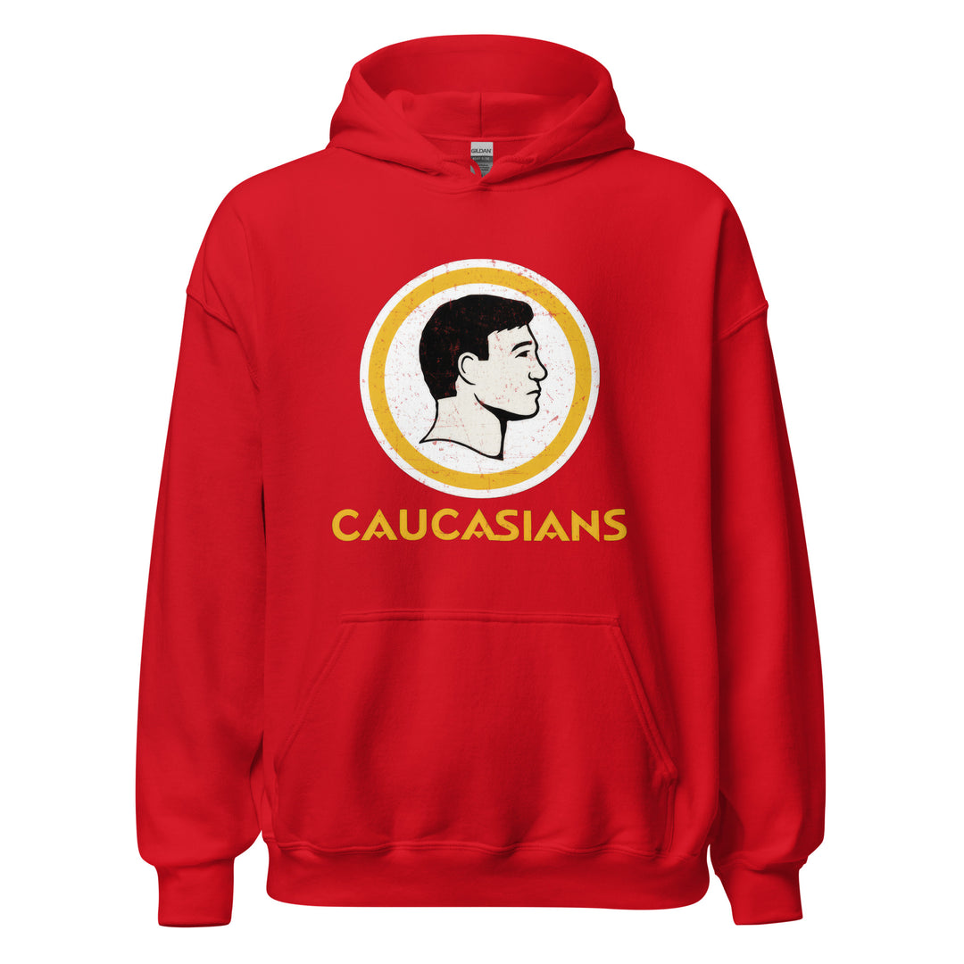 Caucasians — a parody of a vintage sports-team logo showing a slick-haired white man's profile in a circle, reading Caucasians, printed on a unisex hoodie.