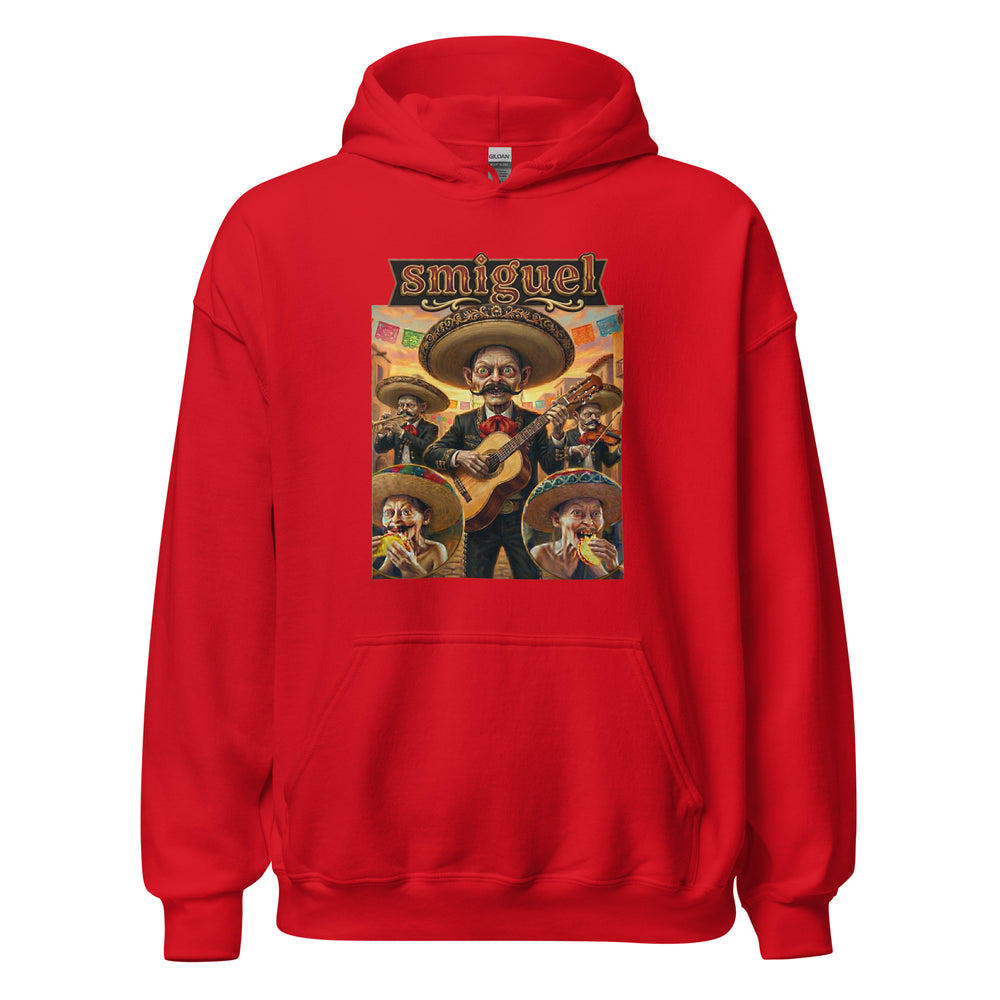 Smiguel — Gollum-like mariachi characters in sombreros eating tacos, captioned Smiguel, printed on a unisex hoodie.