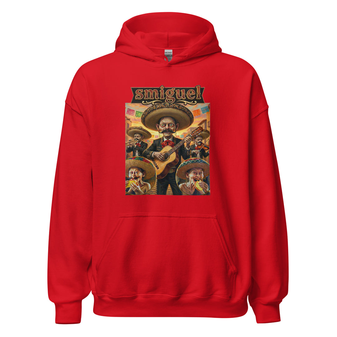 Smiguel — Gollum-like mariachi characters in sombreros eating tacos, captioned Smiguel, printed on a unisex hoodie.
