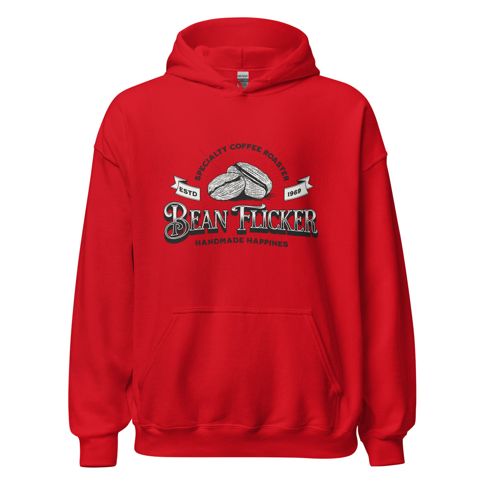Bean Flicker — a vintage Bean Flicker Specialty Coffee Roaster logo with coffee beans, reading Handmade Happiness Est 1969, printed on a unisex hoodie.