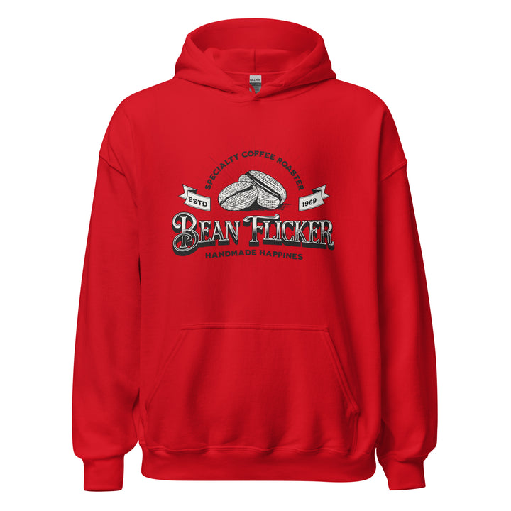 Bean Flicker — a vintage Bean Flicker Specialty Coffee Roaster logo with coffee beans, reading Handmade Happiness Est 1969, printed on a unisex hoodie.