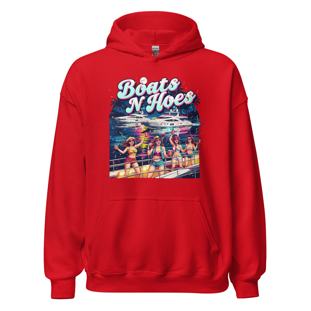 Boats N Hoes — a neon Miami-style yacht party with women in bikinis holding red cups, captioned Boats N Hoes, printed on a unisex hoodie.
