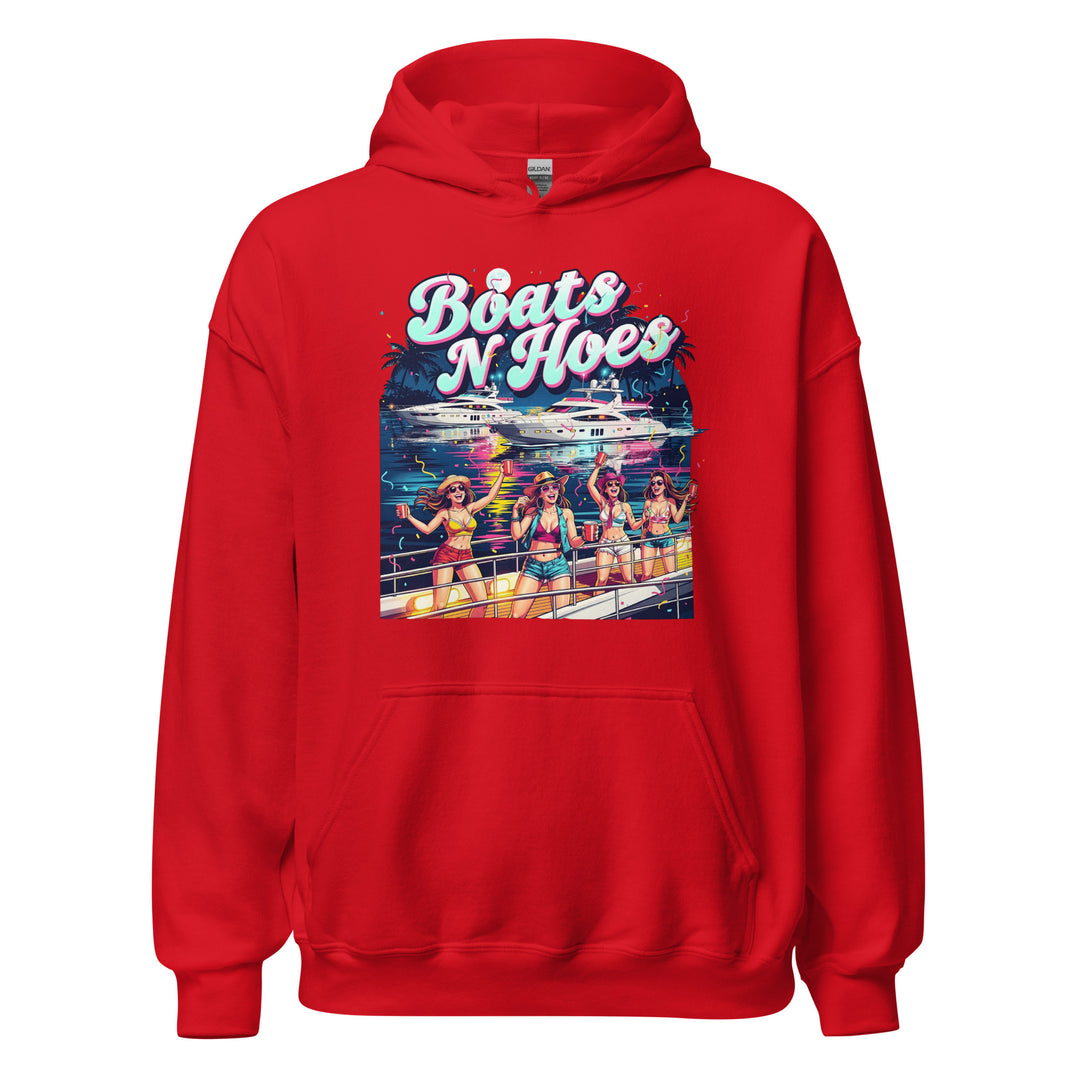 Boats N Hoes — a neon Miami-style yacht party with women in bikinis holding red cups, captioned Boats N Hoes, printed on a unisex hoodie.