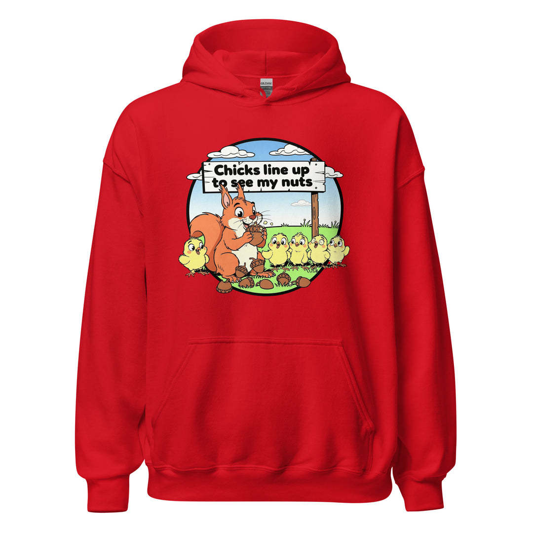 Chicks Line Up To See My Nuts — a cartoon squirrel holding acorns while baby chicks line up behind a sign reading Chicks Line Up To See My Nuts, printed on a unisex hoodie.