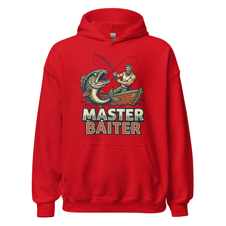 Master Baiter — a muscular fisherman in a boat reeling in a huge fish, with bold Master Baiter lettering, printed on a unisex hoodie.