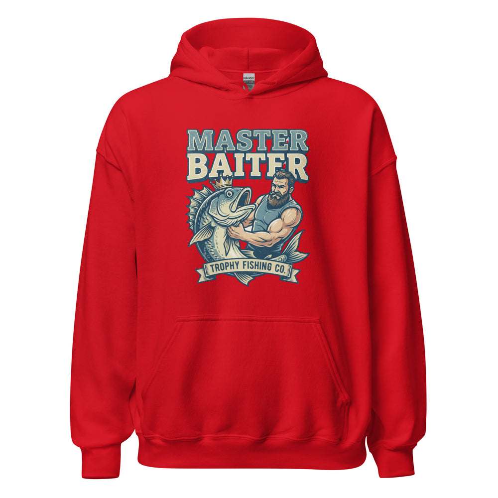 Master Baiter — a muscular bearded fisherman flexing next to a big trophy fish, with a Master Baiter Trophy Fishing Co. badge, printed on a unisex hoodie.