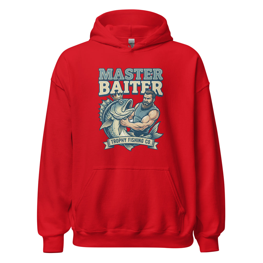 Master Baiter — a muscular bearded fisherman flexing next to a big trophy fish, with a Master Baiter Trophy Fishing Co. badge, printed on a unisex hoodie.