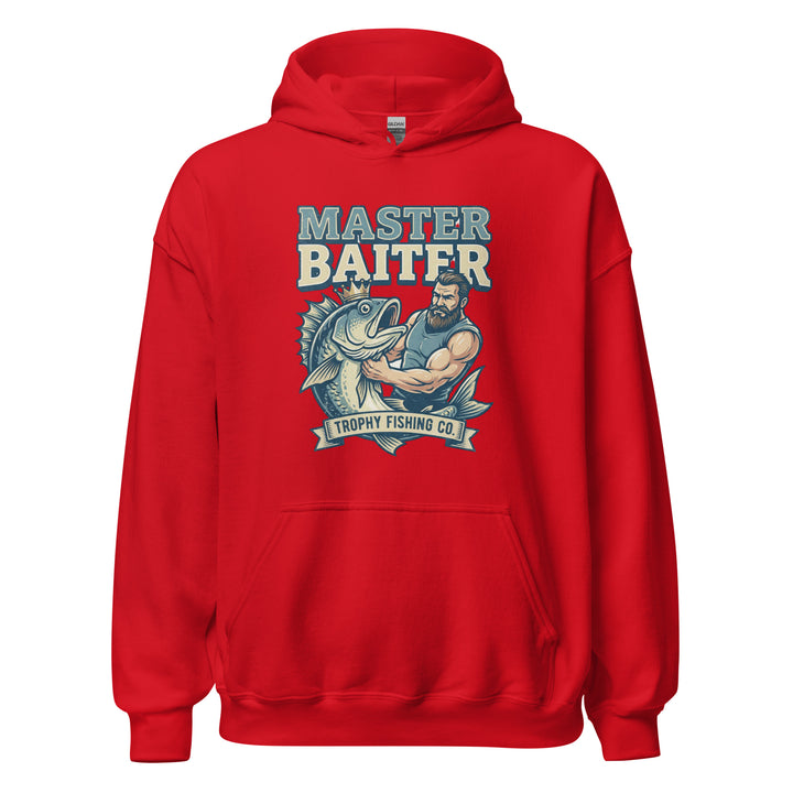 Master Baiter — a muscular bearded fisherman flexing next to a big trophy fish, with a Master Baiter Trophy Fishing Co. badge, printed on a unisex hoodie.