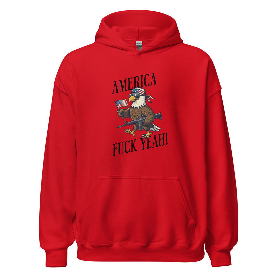 America Fuck Yeah — a bald eagle in a USA flag bandana and sunglasses holding an American flag and a rifle, with the words America Fuck Yeah, printed on a unisex hoodie.