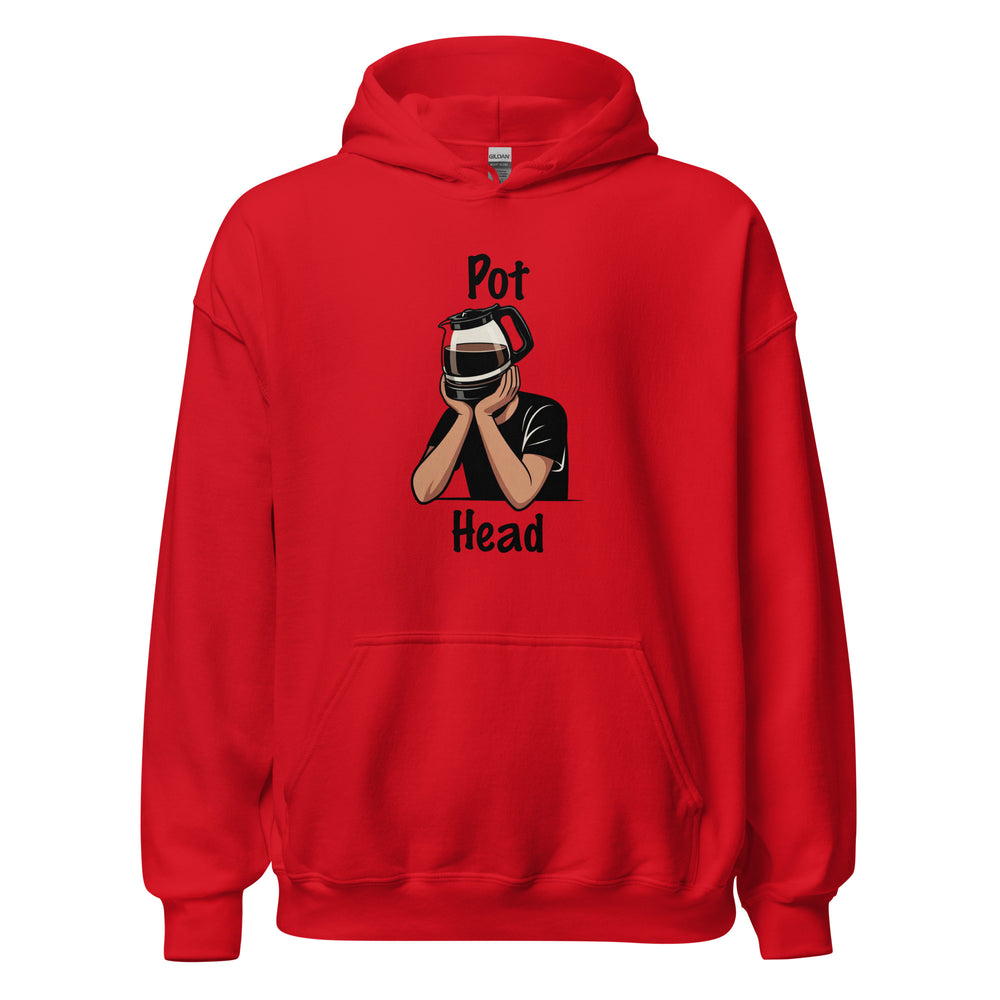 Pot Head — a person with a coffee pot for a head resting on their hands, captioned Pot Head, printed on a unisex hoodie.