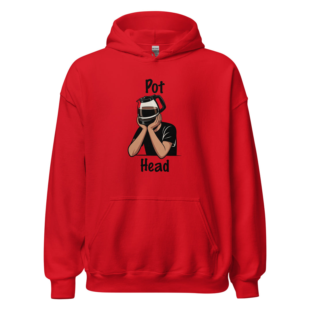 Pot Head — a person with a coffee pot for a head resting on their hands, captioned Pot Head, printed on a unisex hoodie.