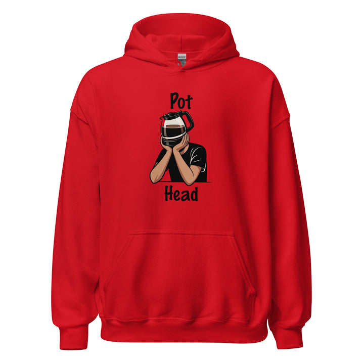Pot Head — a person with a coffee pot for a head resting on their hands, captioned Pot Head, printed on a unisex hoodie.