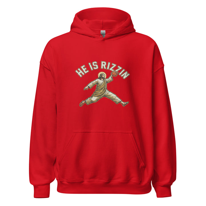 He Is Rizzin — Jesus doing a Jordan-style basketball dunk with a halo, captioned He Is Rizzin, printed on a unisex hoodie.
