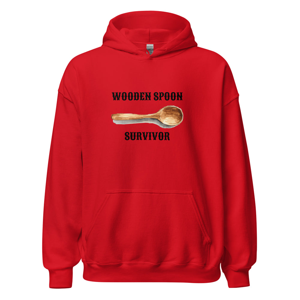 Wooden Spoon Survivor — a lone wooden spoon, captioned Wooden Spoon Survivor, printed on a unisex hoodie.