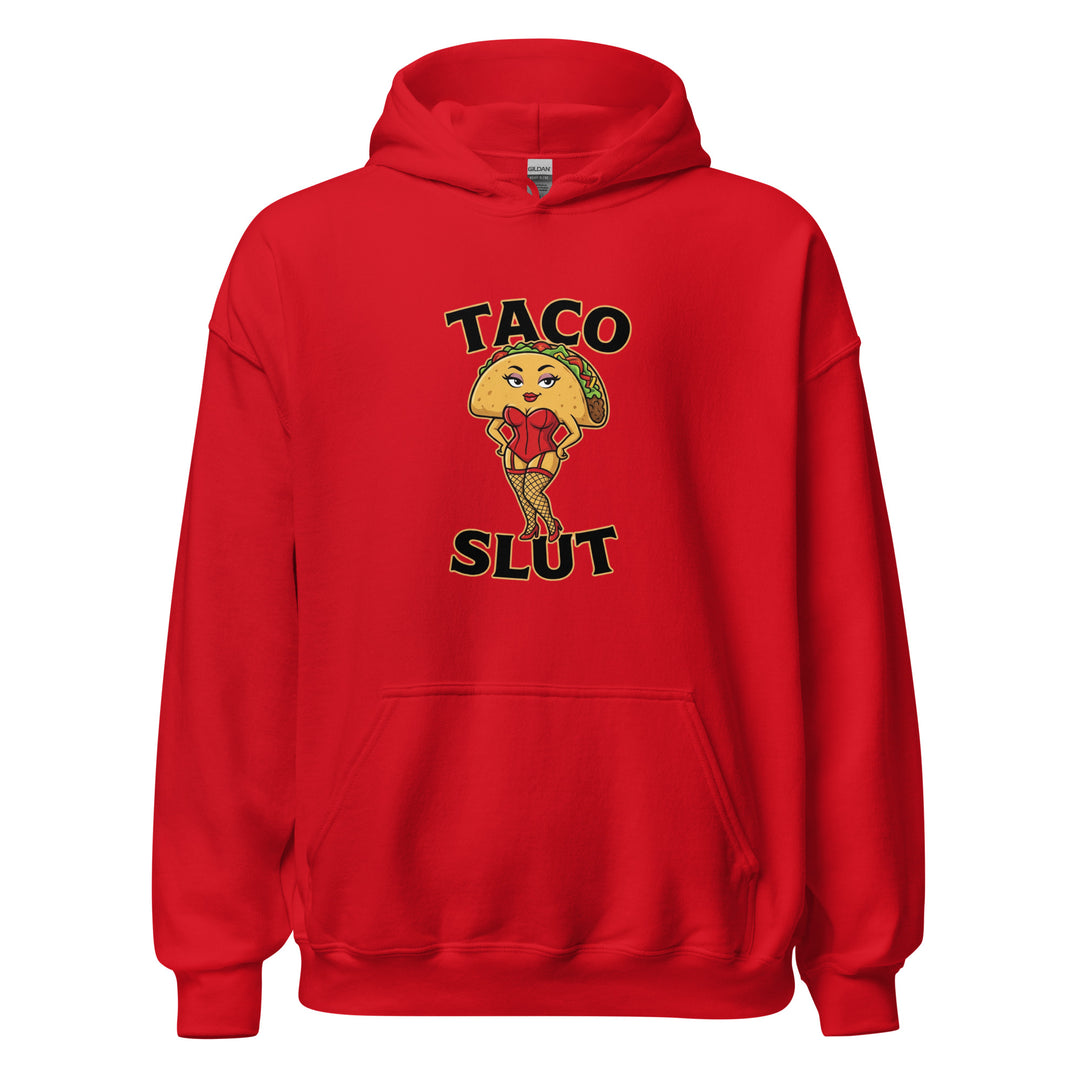 Taco Slut — a taco character with a pin-up body in a red corset and fishnets, captioned Taco Slut, printed on a unisex hoodie.
