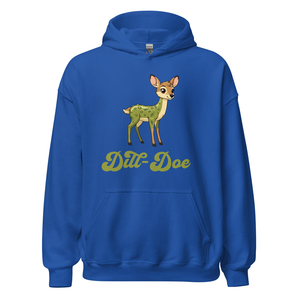 Dill-Doe — a cute cartoon deer covered in green pickle spots, captioned Dill-Doe, printed on a unisex hoodie.