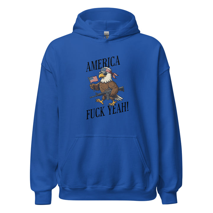America Fuck Yeah — a bald eagle in a USA flag bandana and sunglasses holding an American flag and a rifle, with the words America Fuck Yeah, printed on a unisex hoodie.