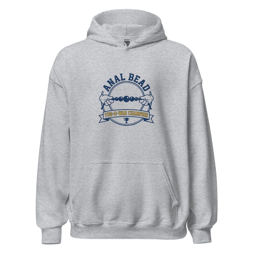Anal Bead Tug Of War Champion funny adult humor graphic tee — collegiate varsity badge with two cartoon gloved hands pulling a bead string and trophy banner, navy and gold on white