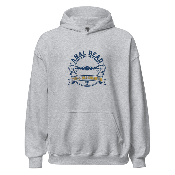 Anal Bead Tug Of War Champion funny adult humor graphic tee — collegiate varsity badge with two cartoon gloved hands pulling a bead string and trophy banner, navy and gold on white