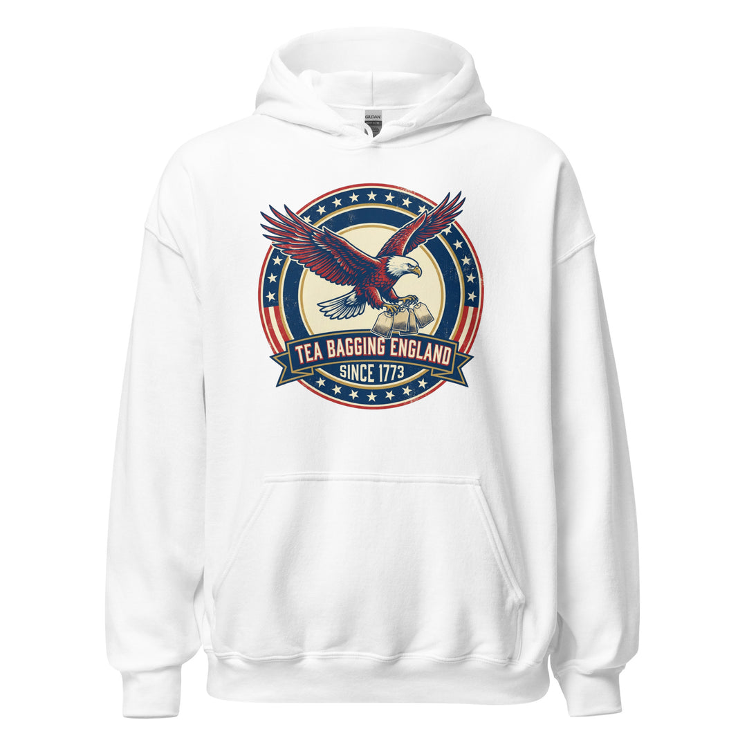 Tea Bagging England Since 1773 funny 4th of July graphic tee — bald eagle carrying tea bags inside patriotic stars and stripes ring
