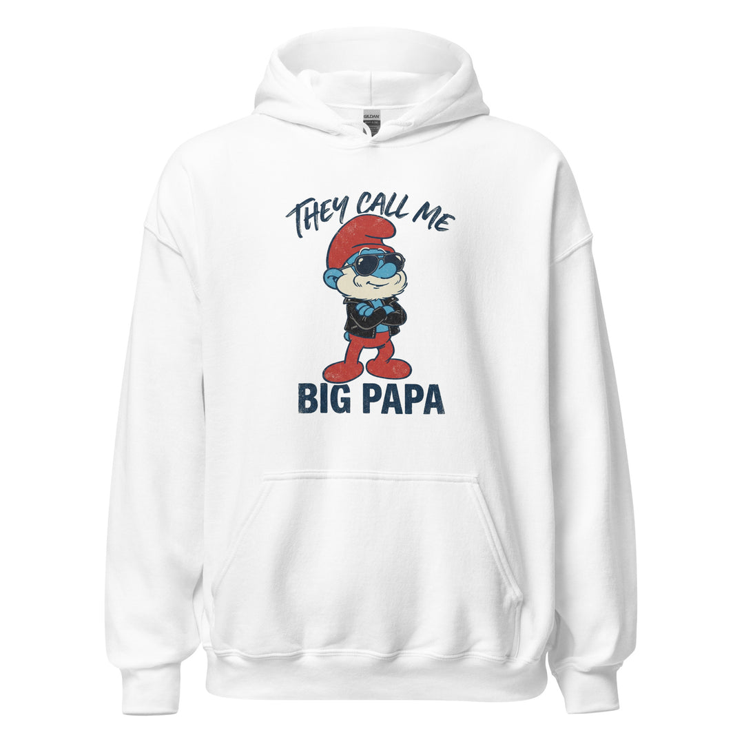 They Call Me Big Papa funny graphic tee — blue cartoon papa character in red hat, leather jacket and aviator sunglasses with BIG PAPA text
