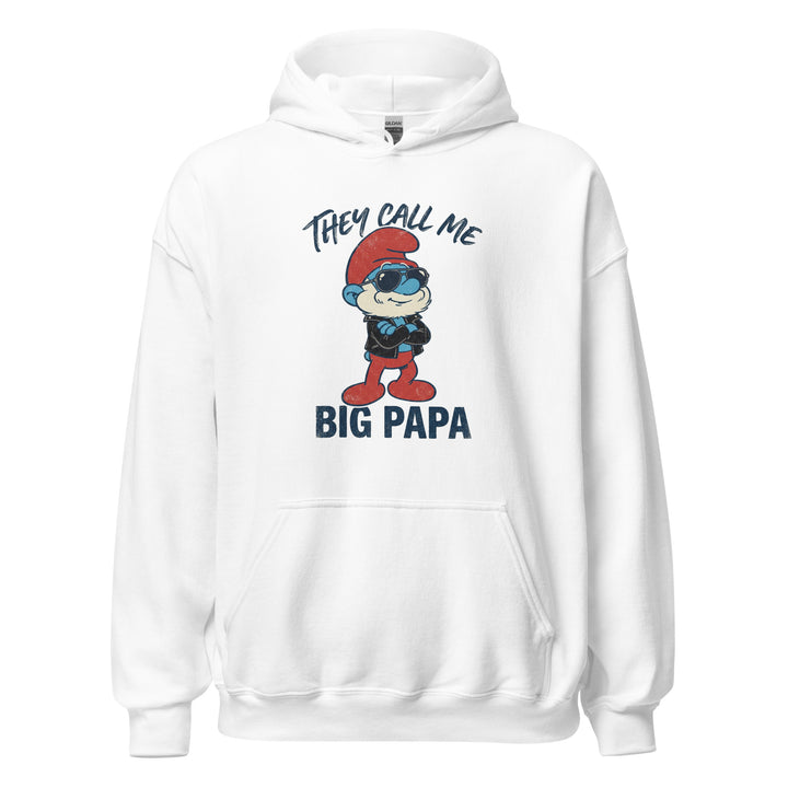 They Call Me Big Papa funny graphic tee — blue cartoon papa character in red hat, leather jacket and aviator sunglasses with BIG PAPA text