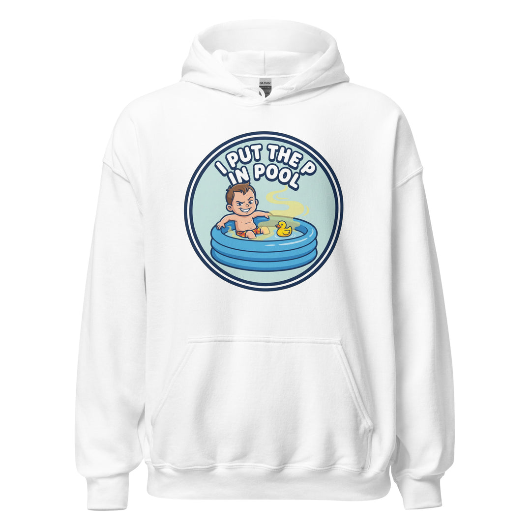 I Put The P In Pool funny summer graphic tee — smirking cartoon kid in inflatable kiddie pool with rubber duck and suspicious yellow swirl