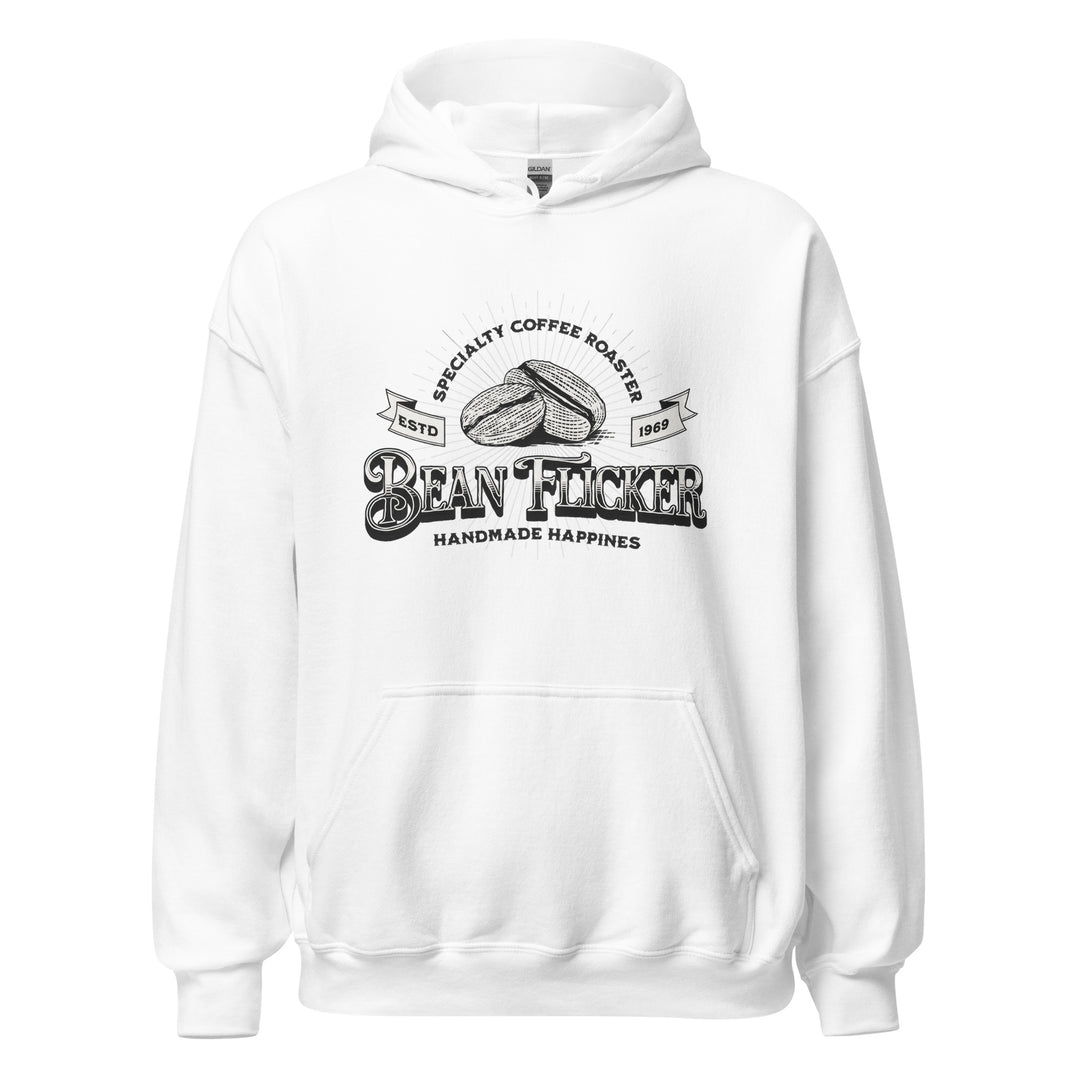 Bean Flicker — a vintage Bean Flicker Specialty Coffee Roaster logo with coffee beans, reading Handmade Happiness Est 1969, printed on a unisex hoodie.