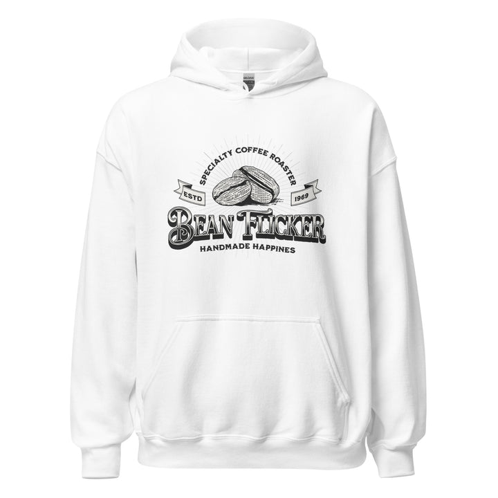 Bean Flicker — a vintage Bean Flicker Specialty Coffee Roaster logo with coffee beans, reading Handmade Happiness Est 1969, printed on a unisex hoodie.